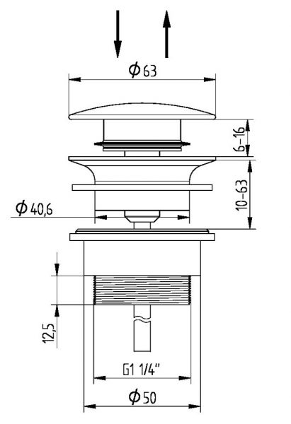 Avenarius Design-Schaftventil rund 1 ¼" mit Verschluss klick-klack, Ø Deckel 63mm, chrom