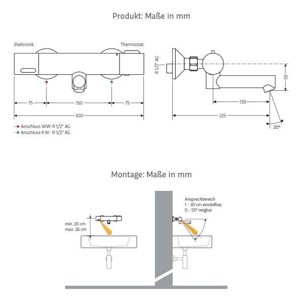 WimTec ECOSAN W6 HyPlus Aufputzwandarmatur 6V Batteriebetrieb 225 mm Ausladung, chrom