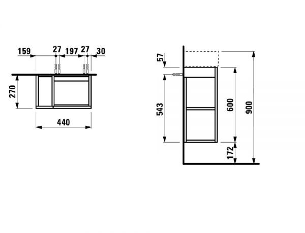 Kartell by Laufen Waschtischunterbau mit 1 Tür, Regal seitlich offen, Scharnier rechts, Breite 44cm