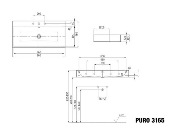 Kaldewei Puro Wandwaschtisch 90x46cm, mit Perl-Effekt, Mod. 3165