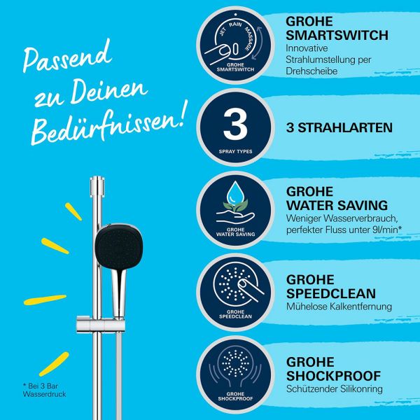 Grohe QuickFix Vitalio Comfort 110 Brausestangenset inkl. Handbrause 3 Stahlarten & Schlauch chrom 26096001
