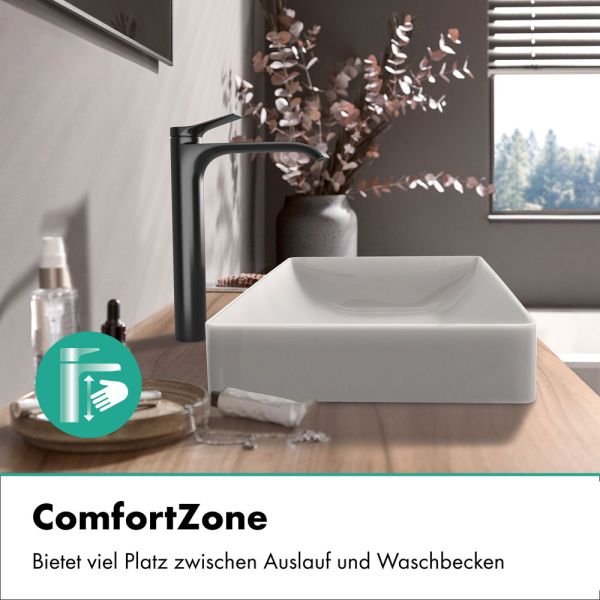 hansgrohe Vivenis hohe Waschtischarmatur 250 CoolStart, Ablaufgarnitur, brushed black chrome
