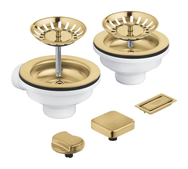 Grohe Ablaufgarnitur für Küchenspülen mit 2 Becken inkl. 2 Exzenterkappen cool sunrise gebürstet 40998GN0
