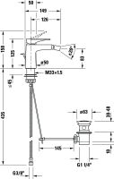 Vorschau: Duravit Tulum Einhebel-Bidetmischer mit Zugstangen-Ablaufgarnitur, chrom, TU2400001010, techn. Zeichnung