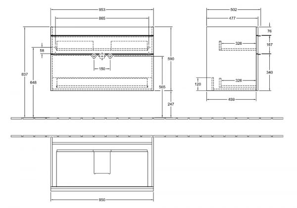 Villeroy&Boch Venticello Waschtischunterschrank mit 2 Auszügen, Breite 95,3cm, Technische Beschreibung