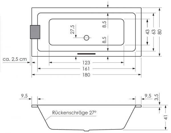 Repabad Abano Rechteck-Badewanne 180x80cm, weiß