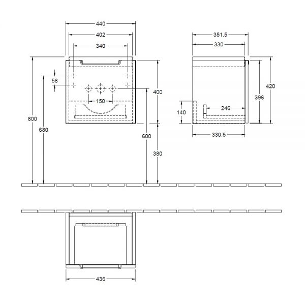 Villeroy&Boch Subway 2.0 Waschtischunterschrank 44x42cm, 1 Auszug für Waschtisch 7315F501