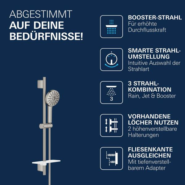 Grohe Vitalio Joy+ 120 Brausestangen-Set, 3 Strahlarten, supersteel