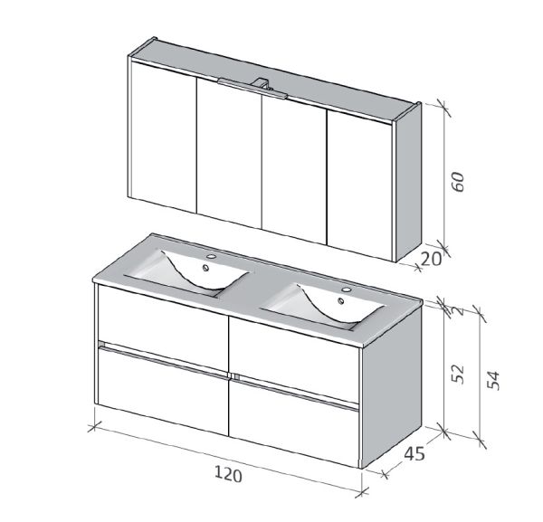RIHO Porto Wave Doppelwaschtisch mit Unterschrank 120cm & LED-Spiegelschrank, 4 Auszüge