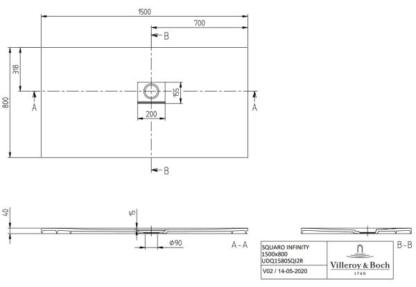 Villeroy&Boch Squaro Infinity Quaryl®-Duschwanne, Eckeinbau rechts gegen Wand, 150x80cm, technische Zeichnung