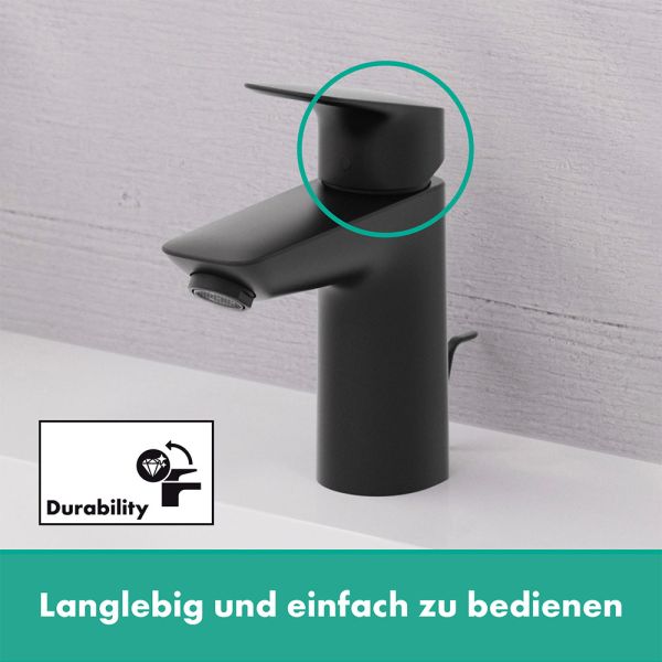 Hansgrohe Logis Waschtischarmatur 100 mit Metall Zugstangen-Ablaufgarnitur, schwarz matt