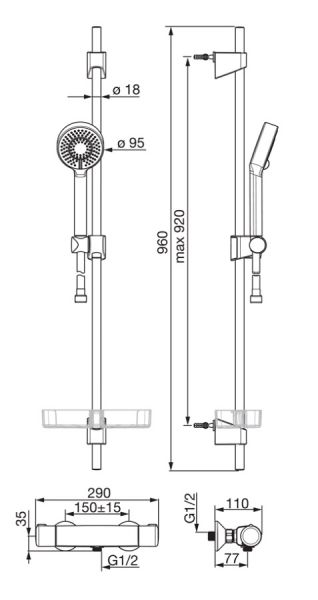 Hansa Hansamicra Brause-Thermostat-Batterie mit Hansabasicjet Wandstangenset 92cm, chrom