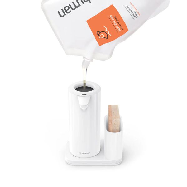 simplehuman berührungsloser Spülmittelspender mit Schwammaufbewahrung, 414ml, wiederaufladbar, weiß