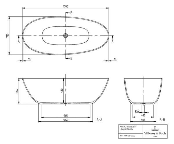 Villeroy&Boch Antao freistehende Badewanne 170x75cm