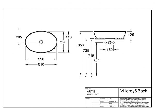 Villeroy&Boch Artis Aufsatzwaschtisch oval, ohne Überlauf, 61x41cm 41986101