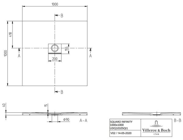 Villeroy&Boch Squaro Infinity Quaryl®-Duschwanne universal einbaubar (selb. zuschneidbar),100x100cm UDQ1010SQI1V-1S