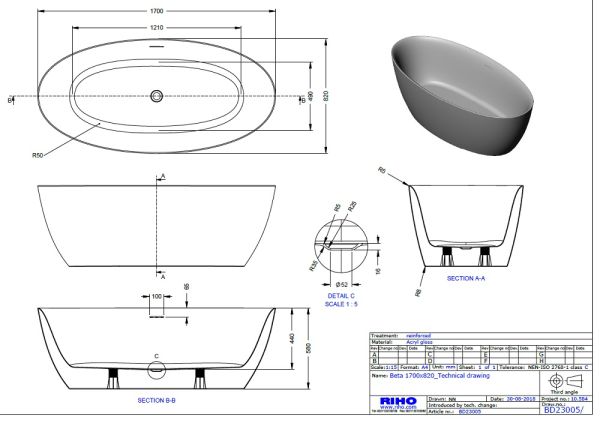 RIHO Badewanne freistehend inkl. Ablauf und Füße, 170x82cm, weiß BD23005