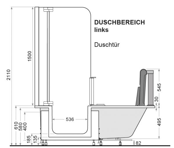 Artweger Artlift mit Hebesitz, Duschbadewanne mit Duschtür und Seitenwand, 180x80cm, weiß