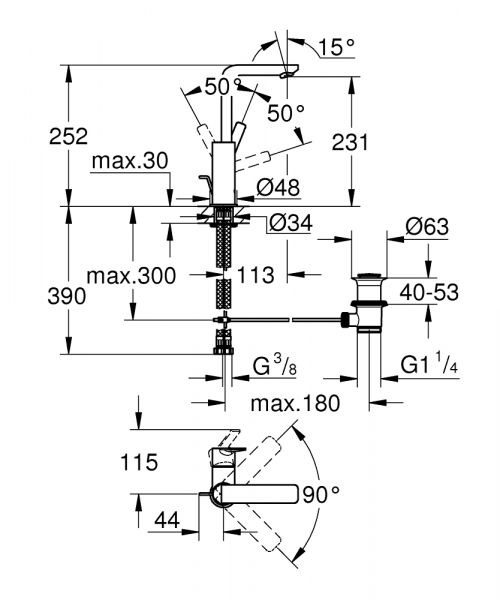 Grohe Lineare Badarmatur L-Size mit Zugstangen-Ablaufgarnitur, supersteel