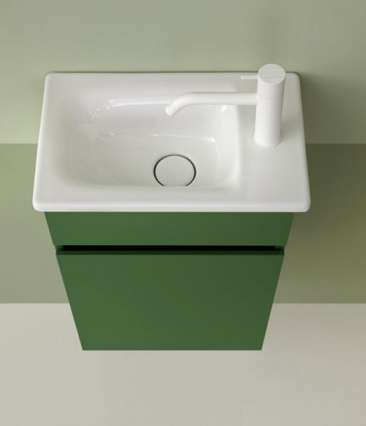Burgbad Lin20 Gästebad Keramik-Handwaschbecken mit Waschtischunterschrank und 1 Tür, rechts 43x27cm SGID043L