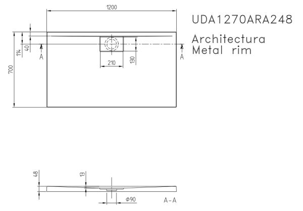 Villeroy&Boch Architectura MetalRim Duschwanne inkl. Antirutsch (VILBOGRIP),120x70cm, weiß techn. Zeichnung