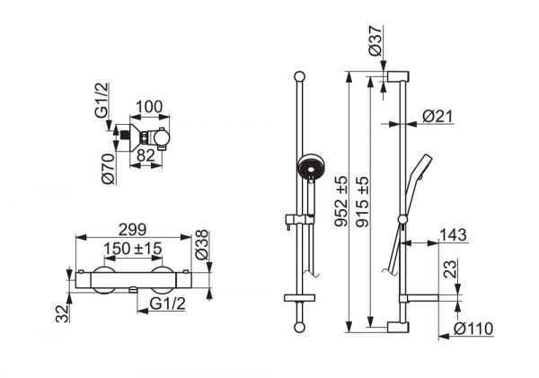 Hansa Hansaunita Brause-Thermostat-Batterie mit Wandstangenset, 900mm, chrom