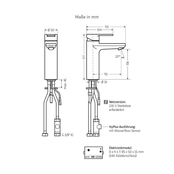 WimTec PROOF E4 - HyPlus HDM 230 V Waschtischarmatur Hochdruck-Mischwasser, Netzbetrieb, chrom 131604