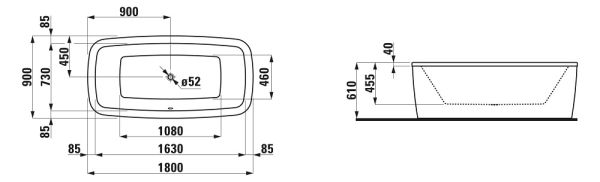 Laufen Palomba freistehende Badewanne mit Schürze, 40mm Rand, 180x90cm, weiß H2318000000001 techn. Zeichnung