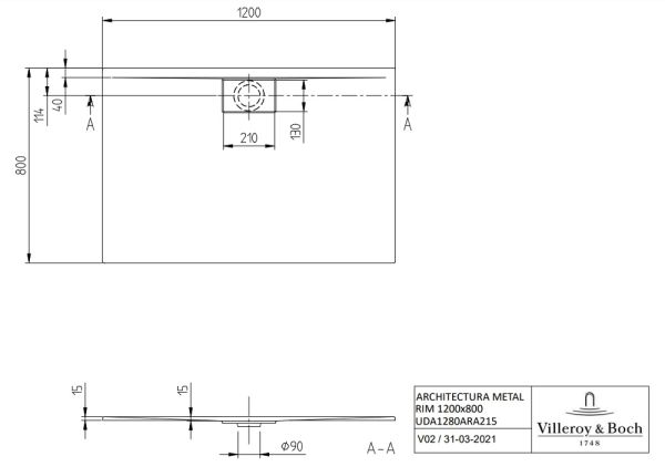 Villeroy&Boch Architectura MetalRim Duschwanne, superflach Randhöhe 1,5cm, 120x80cm weiß UDA1280ARA215V-01