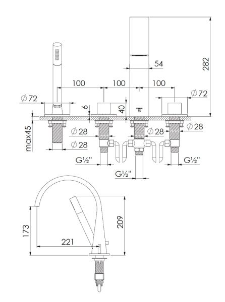 Steinberg Serie 280 4-Loch Wannenrand-Armatur mit Stab-Handbrause, schwarz matt