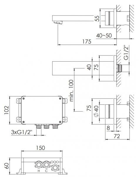 Steinberg Serie 390 iFlow vollelektronische Wand-Waschtischarmatur, Ausladung 175mm, chrom