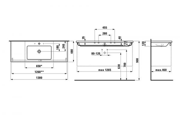 Laufen Living Square Waschtisch unterbaufähig, mit Ablage links und rechts, 130x48cm, weiß H8164350001041