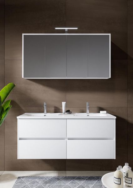 RIHO Porto Wave Doppelwaschtisch, Unterschrank 120cm, LED-Spiegelschrank, 4 Auszüge, weiß glanz F014067DP0 