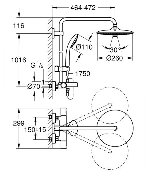 Grohe Vitalio Joy System 260 Duschsystem mit Thermostat-Wannenbatterie, chrom 27860001 Zeichnung