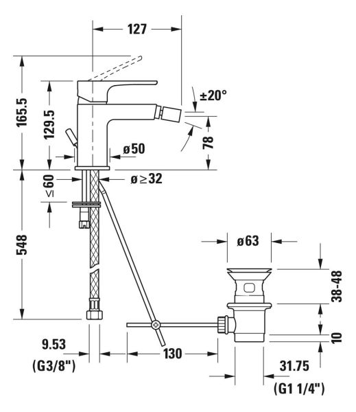 Duravit B.1 Einhebel-Bidetmischer mit Zugstangen-Ablaufgarnitur, chrom, B12400001010, technische Zeichnung