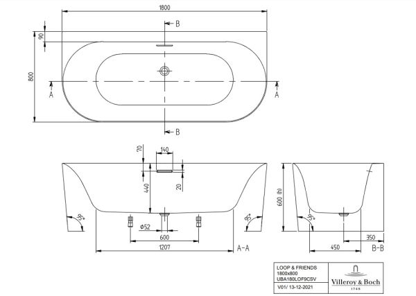 Villeroy&Boch Loop&Friends Oval Duo Vorwand-Badewanne, 180x80cm technische Zeichnung