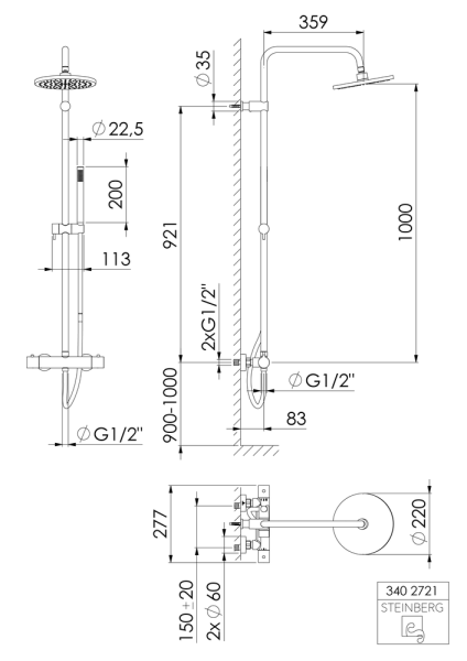 Steinberg Serie 340 Brauseset mit Thermostatarmatur, Regenbrause u. Handbrause, Easy Clean