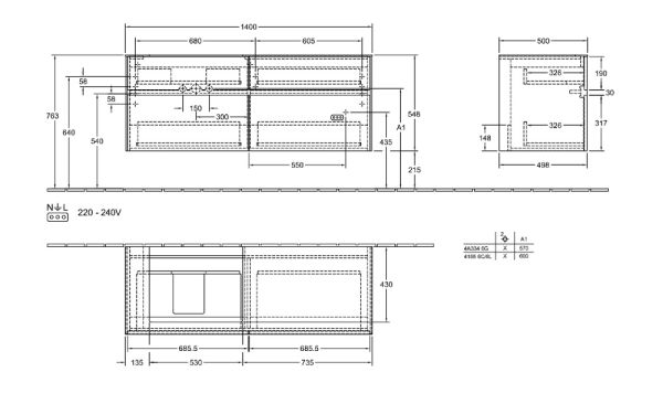 Villeroy&Boch Collaro Waschtischunterschrank passend zu Aufsatzwaschtisch 4A336G, 4 Auszüge, 140cm, techn Zeichnung