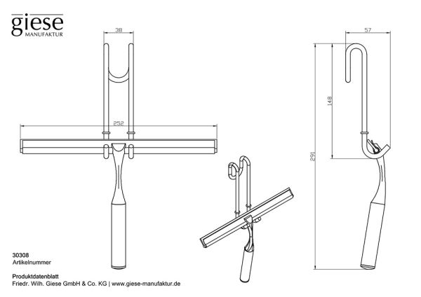 Giese Haken mit Wischer für Glasduschwand, schwarz matt