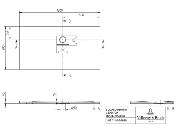 Villeroy&Boch Squaro Infinity Quaryl®-Duschwanne, Eckeinbau rechts gegen Wand, 130x70cm, techn Zeichnung