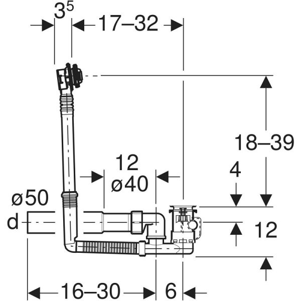 Geberit Badewannenablauf mit Drehbetätigung, d52, Länge 32 cm, mit Anschlussbogen, Gegenstromprinzip