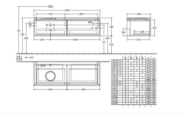 Villeroy&Boch Legato Waschtischunterschrank 140x50cm für Aufsatzwaschtisch, 1 Auszug B58700DH1