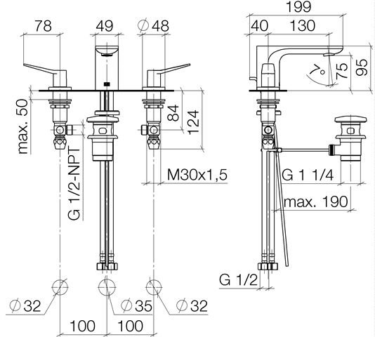 Dornbracht Lissé Waschtisch-Dreilochbatterie mit Ablaufgarnitur, Ausladung 130mm