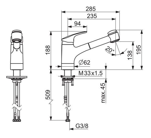 Hansa Hansamix Spültisch-Einhand-Einlochbatterie, Geschirrbrause herausziehbar, 2-strahlig, chrom