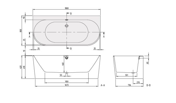 Villeroy&Boch Oberon 2.0 Vorwand-Badewanne 180x80cm UBQ180OBR9CD00V-01