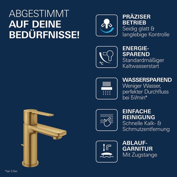Grohe Lineare Einhand-Waschtischbatterie XS-Size Kaltstart, Ablaufgarnitur, cool sunrise gebürstet