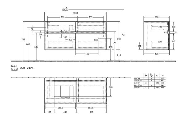 Villeroy&Boch Collaro Waschtischunterschrank passend zu Aufsatzwaschtisch 43345G, 120cm techn. Zeichnung Kopie