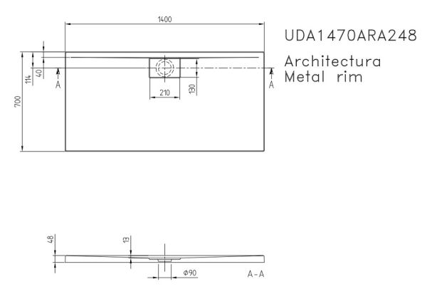 Villeroy&Boch Architectura MetalRim Duschwanne inkl. Antirutsch (VILBOGRIP),140x70cm, weiß techn. Zeichnung