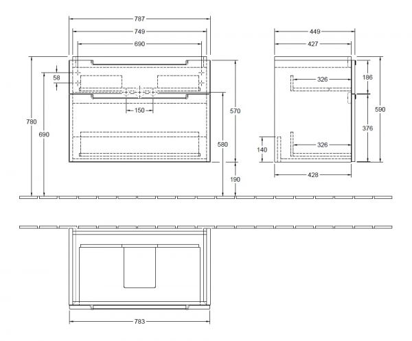 Villeroy&Boch Subway 2.0 Waschtischunterschrank 78,7x59cm, 2 Auszüge für Waschtisch 71758001