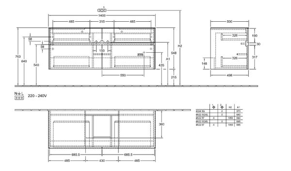 Villeroy&Boch Collaro Waschtischunterschrank passend zu Aufsatzwaschtisch 43345G, 140cm, technische Zeichnung